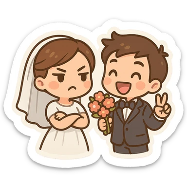 bride with arms crossed and groom holding a peace offering bouquet, both with funny expressions, playful and cute for engagement stickers sticker