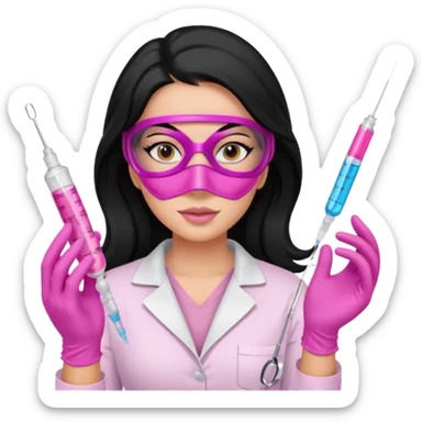 laboratorista con guantes rosa y mascarilla rosa  jeringa tubos  pelo negro largo triguella sticker