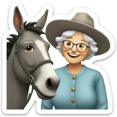 smiling grandma with hat outdoors with a donkey sticker