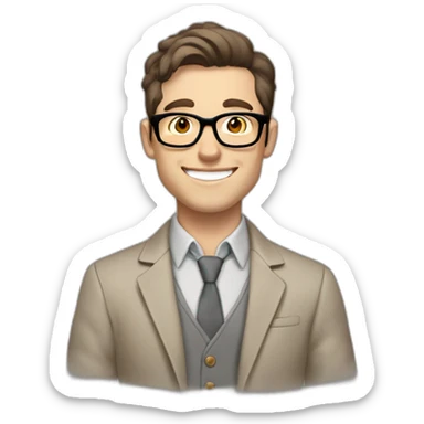 Joyful Pale skinned Fit Man With dark brown hair in gray jacket, beige office shirt, Brown pants and vintage glasses. His thrumbs up sticker