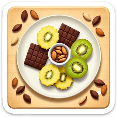 Evening snack plate with dark chocolate squares, mixed nuts, kiwi slice and pineapple chunks sticker