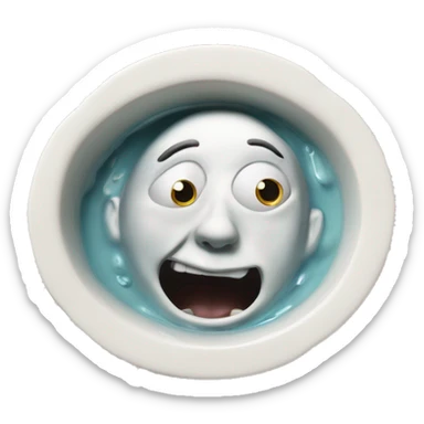 A head emerges from a porcelain basin, with expressive eyes and a lively mouth, creating a humorous and surreal image. sticker