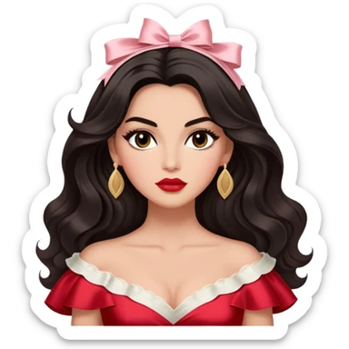A woman with almond-toned skin, dark voluminous hair in waves, expressive eyes with soft lashes and shimmer, full lips with a glossy nude-pink color, wearing a red dress and a white sash with “Miss San Juan” in black letters, exuding elegance and confidence. sticker
