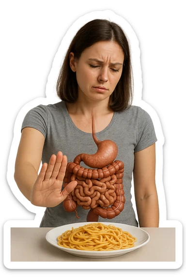 DONNA CON INTESTINO REALISTICO IN EVIDENZA CHE ALLONTANA CON LA MANO UN PIATTO DI PASTA, IPERREALISTICA 4K sticker