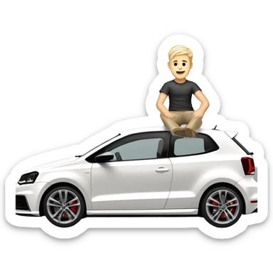 Blonde male sitting in white Volkswagen polo GTI with gold alloys sticker