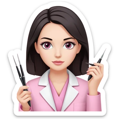 Mulher branca de cabelos pretos na altura dos ombros, vestindo jaleco rosa e segurando uma pinça de extensão de cílios sticker