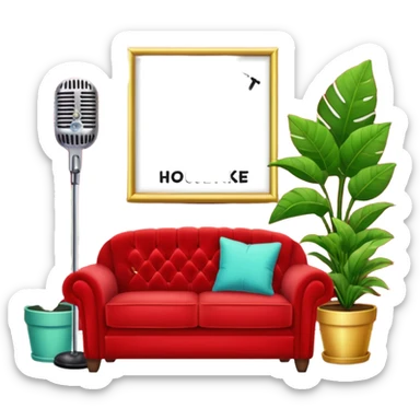 red velvet couch, stand microphone, houseplants, karaoke sign sticker