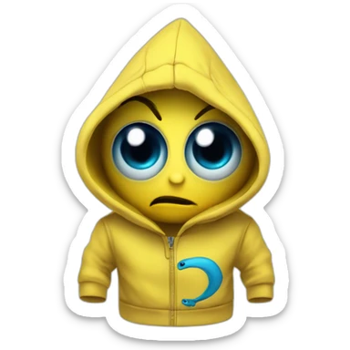 banana dominus hoodie, yellow with blue scary eyes sticker