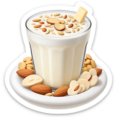 A glowing white leg bone in the center, surrounded by floating calcium-rich foods: yogurt, shredded cheese, almonds, and sesame seeds. All items are floating and slightly shining, arranged in a circle around the bone. sticker