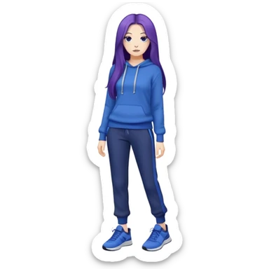 female with slim hourglass shaped body, purple long hair, wearing a blue sweater, dark blue sweatpants, and black sneakers, full body view sticker