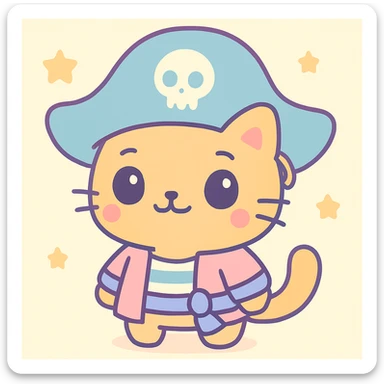 Male pirate cat in kawaii style with an oversized blue hat, cute face, orange fur, and a gold earring. sticker