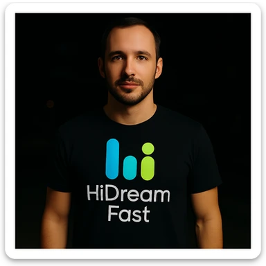 man wearing tshirt with this logo, dark night background with dim , add fast below logo, make man fit into image, add fast insead pf the dev keep rest same sticker