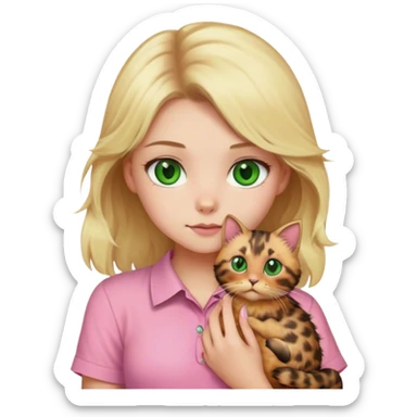 Blonde girl with a pink shirt and green eyes holding a fluffy tortoiseshell cat sticker