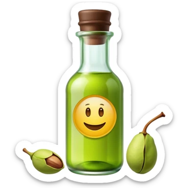 small bottle with translucent green pistachio essence, glass, narrow neck, simple label, dark cap, liquid vivid and slightly viscous, soft lighting, emoji scale sticker