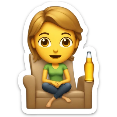woman sitting on a chair with a bottle of beer holding her head sticker