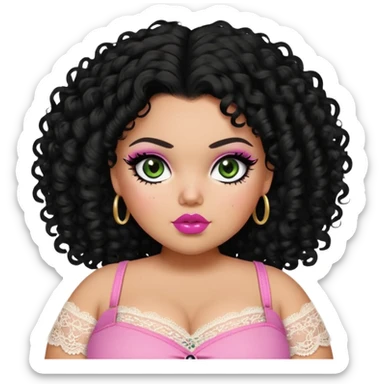big fat plus size, pretty bratz girl, black curly hair, freckles, dark green eyes, pink lips, black eyeliner, tan skin, cute lace girly clothes sticker