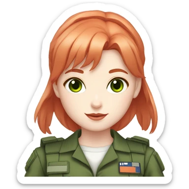 1girl, bunny, pale skin, white skin, white rabbit ears, red hair, twin tails, green eyes, green combat uniform sticker
