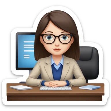 donna occhi azzurri con occhiali, capelli media lunghezza lisci, davanti al pc alla sua scrivania. è una grafica editoriale e redattrice sticker