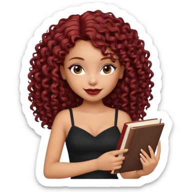 generate a pretty bratz girl curly dark red hair, brown lipstick on, smiling. Book in hand, wearing a black cami top. sticker