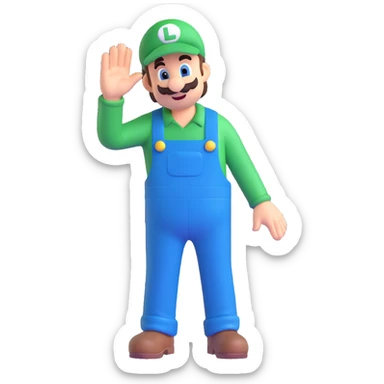 full body Luigi from Mario, classic green hat and blue overalls, waving pose, 3D emoji style sticker
