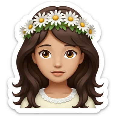 ["Medium skin tone female, long dark-brown hair with gentle waves, wearing a white daisy floral crown."] sticker