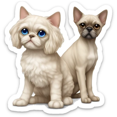 Beige Devon Rex Cat with blue eyes sitting next to a larger beige shih tzu  dog  sticker