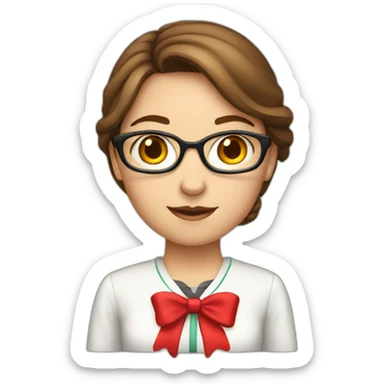 brown hair female school teacher with a red bow sticker
