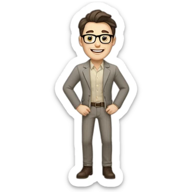 Joyful Pale skinned Fit Man With dark brown hair in gray jacket, beige office shirt, Brown pants and vintage glasses. His thrumbs up sticker
