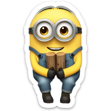 minion cute sitting on a bench and hugging a log sticker