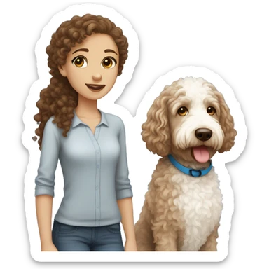 girl with curly brown hair and blue eyes , light skin with white and brown Labradoodle sticker