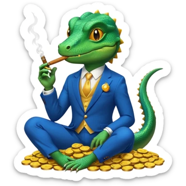 lizard in a blue suit, looking cunning, holding a cigar, sitting on a heap of gold coins, apple emoji style, no text sticker