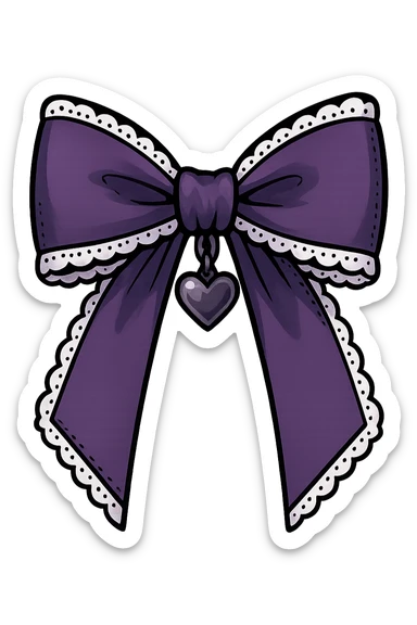 Purple gothic bow with white lace trim and heart charm, remove background sticker