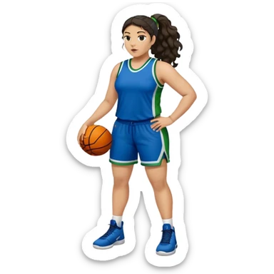 full body plus size light skin  latino women basketball player with wavy dark hair in pony tail wide nose wearing blue uniform with green accent sticker