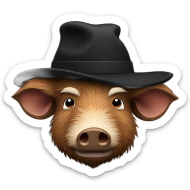fullface wild brown boar tired of life with stubble in a black jacket and a black winter hat sticker