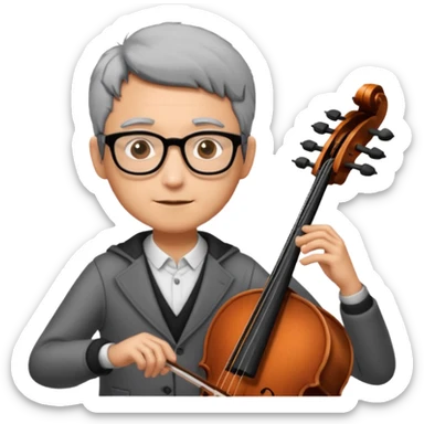 an emoji of my mum playing the cello, she has short black-ish gray hair, wears glasses, she is small sticker