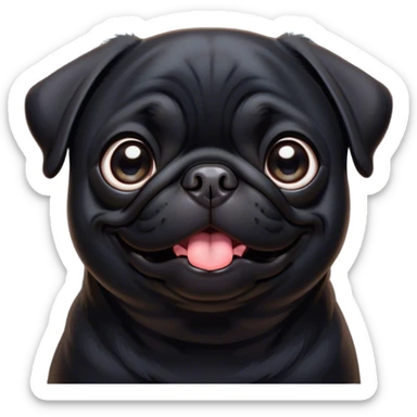 Cinematic Comical Black Pug Portrait Emoji, Head tilted dramatically with an exaggeratedly amused expression, featuring a sleek black coat with a glossy finish, wide, expressive dark eyes filled with playful disbelief, Simplified yet hilariously expressive features, highly detailed, glowing with a slightly sassy glow, high shine, dramatic yet playful, stylized with an air of cheeky mischief, bright and endearing, soft glowing outline, capturing the essence of a spirited and over-the-top companion, so meme-worthy it feels like it could side-eye its way into internet fame instantly! sticker