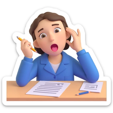 emoji of a person with a pencil behind their ear, yawning, with dark circles under their eyes and exam papers scattered around sticker