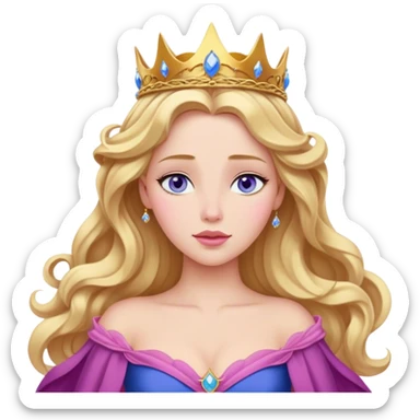 Cinematic Realistic Sleeping Beauty (Aurora) Portrait, with porcelain-like skin featuring a natural rosy flush, illuminated by soft lighting that highlights the gentle contours of her face. Her golden blonde hair flows in soft, detailed waves with subtle highlights that shimmer in the light. Her deep violet-blue eyes radiate warmth and innocence, framed by arched brows and long lashes. Her serene expression exudes quiet elegance. She is dressed in her classic pink gown, the fabric rich in texture with delicate folds that catch the light. A golden crown rests atop her head, gleaming with royal refinement. The portrait captures a soft, glowing aura, blending realism with an ethereal sense of beauty and timeless enchantment. sticker