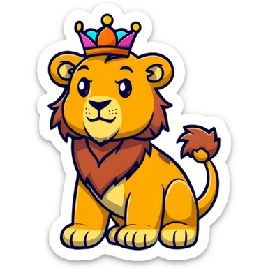 A majestic lion king with a crown facing a colorful dinosaur sticker