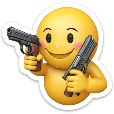 A yellow smiley face pointing a gun at the viewer sticker