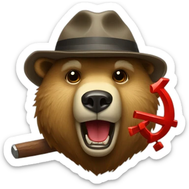 bear wearing a hat with a hammer and sickle sticker