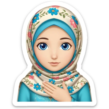 Turkish beautiful finish Konya girl blue eyes with floral hijab dress islamic dress and had on her hand text Eid Mubarak  sticker