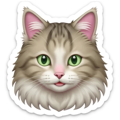 Siberian forest cat grey and white with white around eyes and light green eyes smiling pink nose sticker