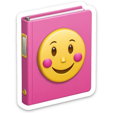 libreta de anillos rosada en perspectiva isometrica con sticker de carita feliz amarilla, con aspecto de emoji de apple sticker