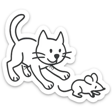 hand drawn outlined cat chasing a mouse icon sticker