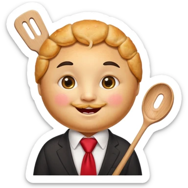 emoji style, happy fried empanada with face, big sparkling eyes, blushing cheeks, two buck teeth, red necktie, holding spatula, thick black outline, golden brown color, very cute and wholesome, transparent background sticker