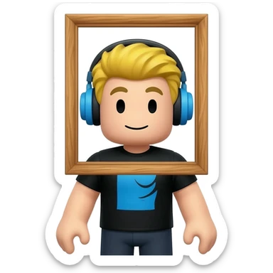 Funny Roblox avatar emoji, character with a wooden picture frame around the head, face inside a painting frame, blond hair with blue headphones, black shirt with blue design, dark pants, white hands, quirky and creative style, 3D cartoon emoji, cute gaming style, bright lighting sticker