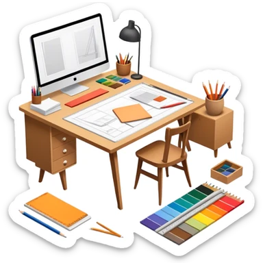 Icon for Furniture Design: a workspace with a designer sketching a piece of furniture, surrounded by design tools like a ruler, pencil, fabric swatches, and a 3D model of the furniture. The icon should represent the design process and creativity in furniture making. Transparent background. sticker