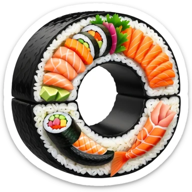 single round sushi maki cross-section, rice ring and colorful center sticker