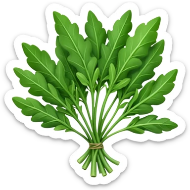 fresh arugula, small bunch, deep green, jagged elongated leaves, slender stems, curled surface, loosely arranged, no bowl or plate, soft lighting, emoji scale sticker